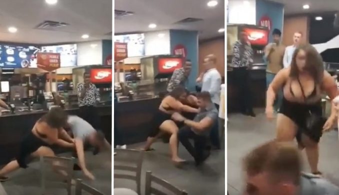 McDonald's Melee: Voluptuous Woman Tosses Skinny Guy Around